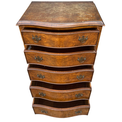 Top view showing worn and marked walnut veneer surface on chest of drawers