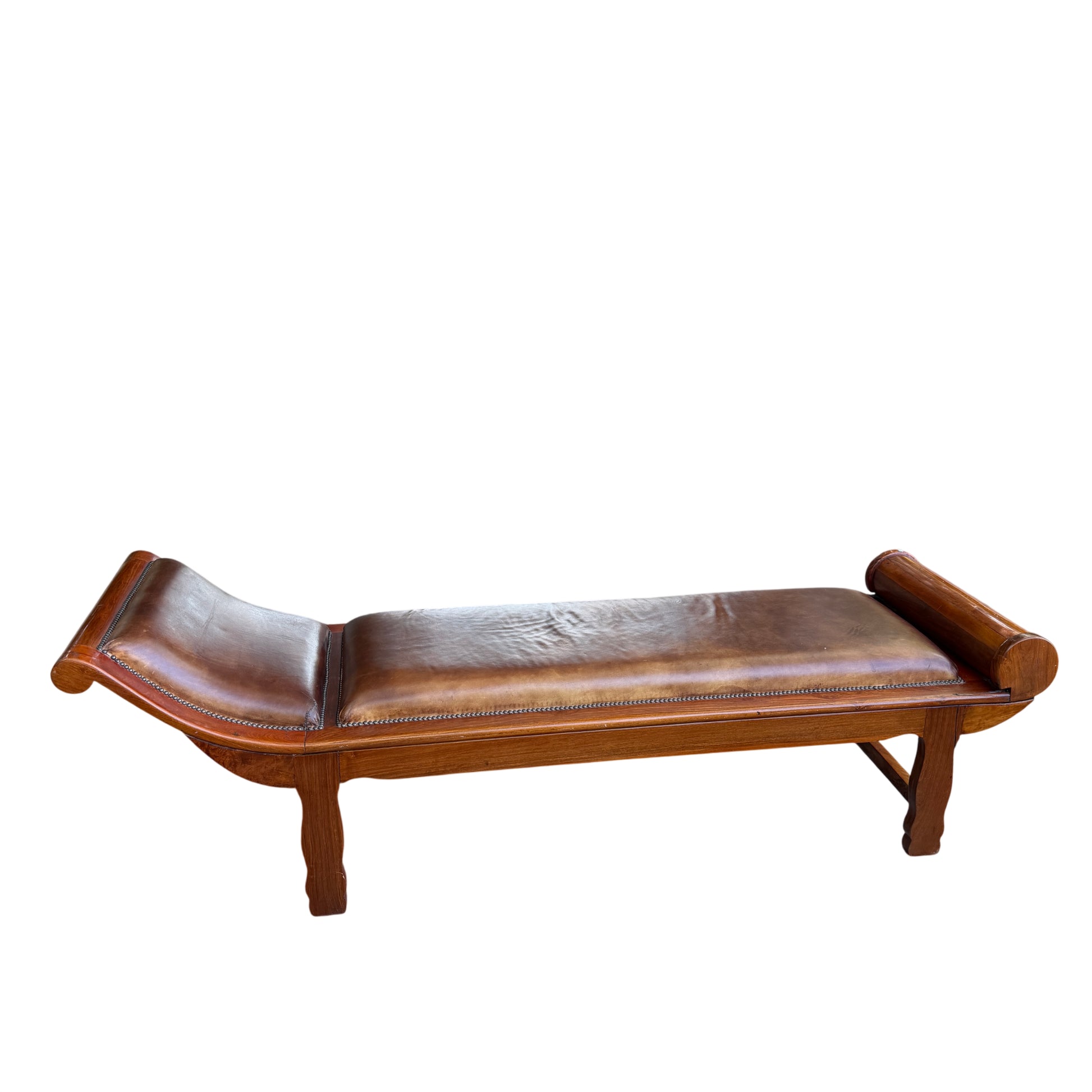 Antique French chaise longue early 19th century with nailhead trim and leather upholstery