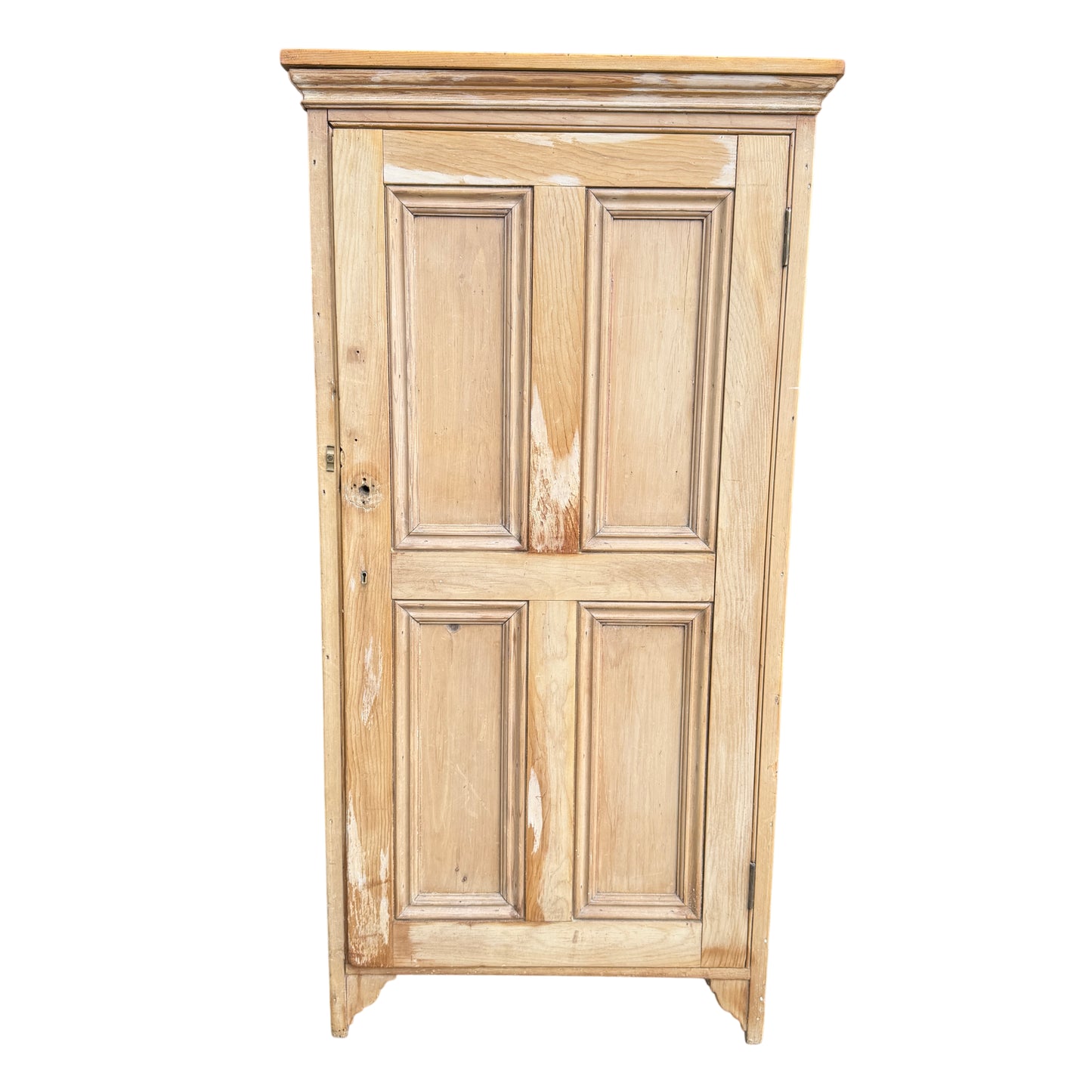 Front view of vintage pine panelled cupboard with stripped finish