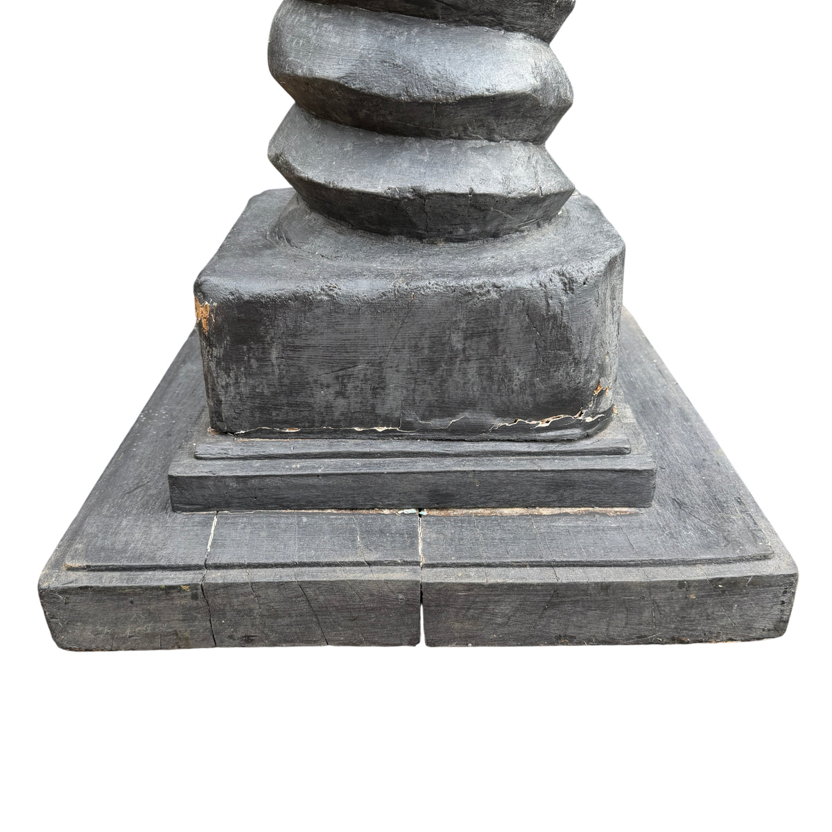Charcoal painted wooden display plinth with pronounced spiral screw column