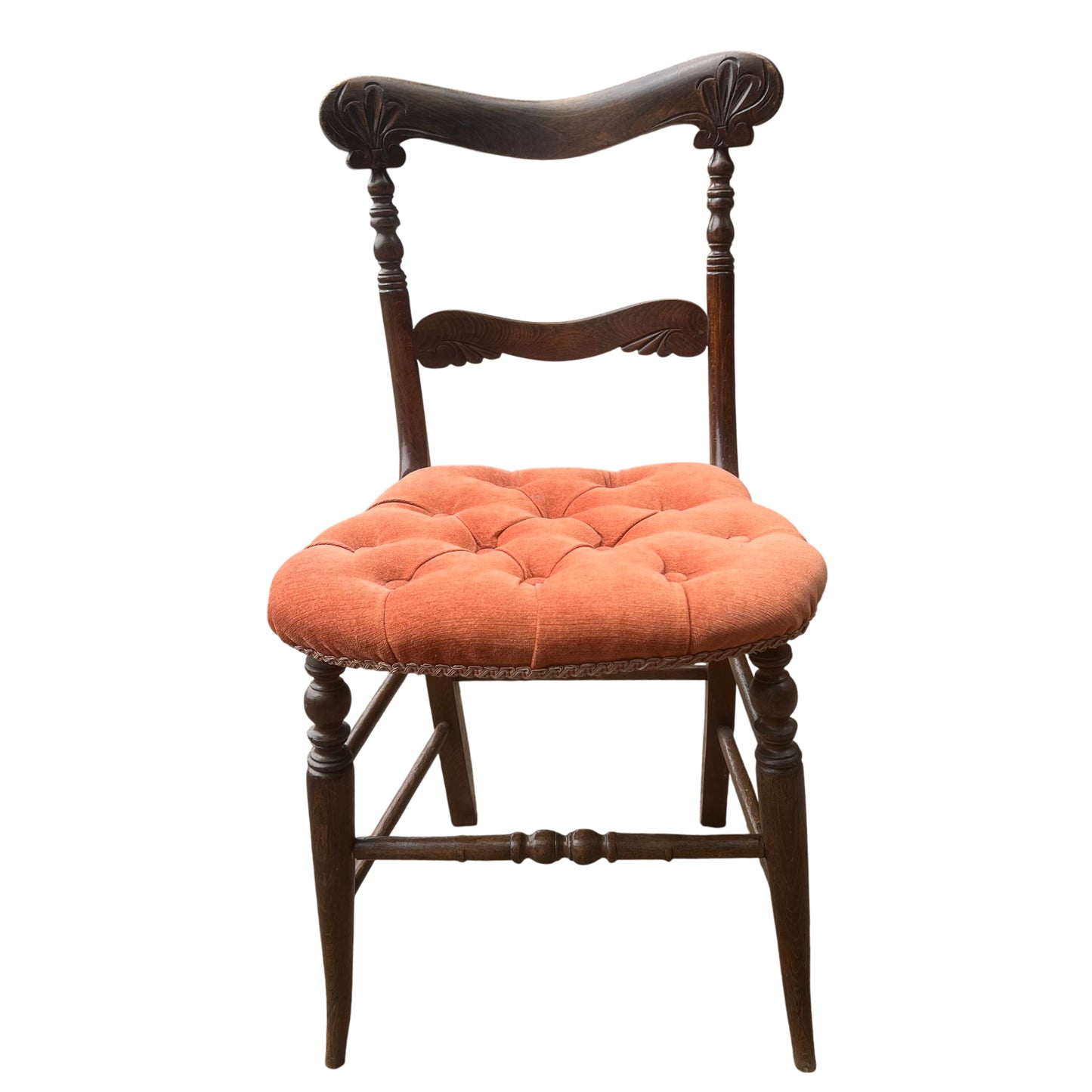 Carved top rail and turned uprights on a Victorian dining chair with upholstered seat