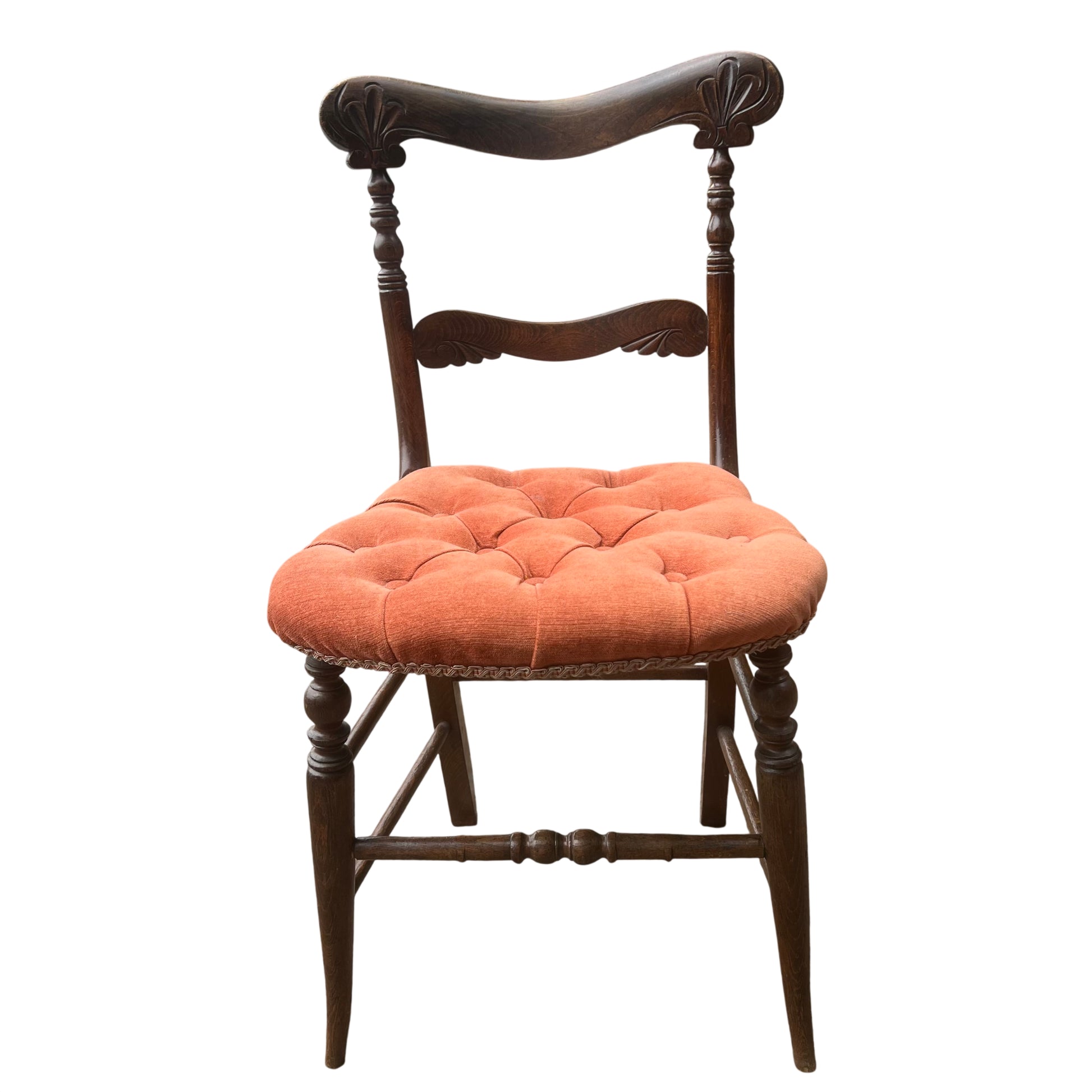 Carved top rail and turned uprights on a Victorian dining chair with upholstered seat