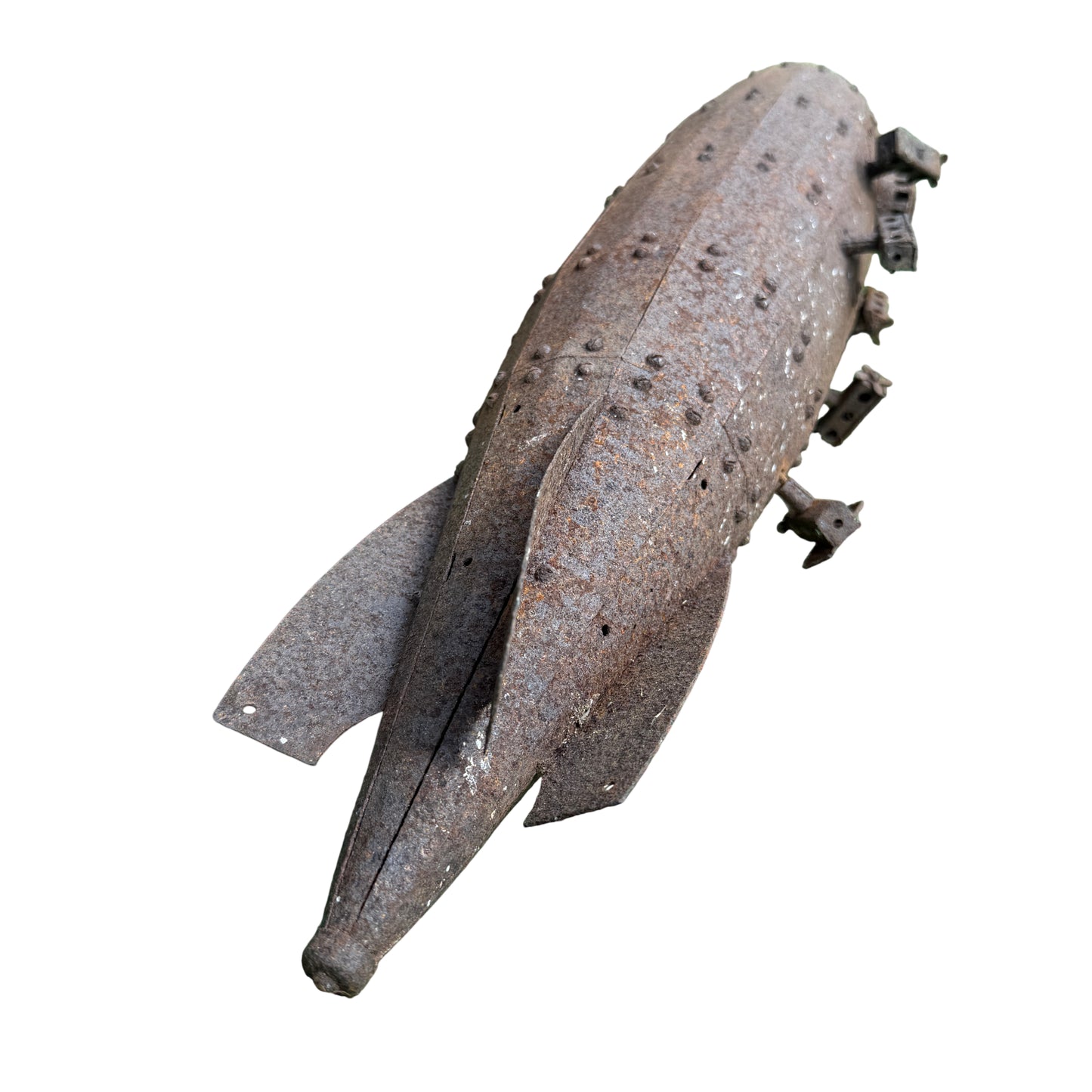 Close-up of rusted riveted hull and surface pitting on Metalcraft Zeppelin model