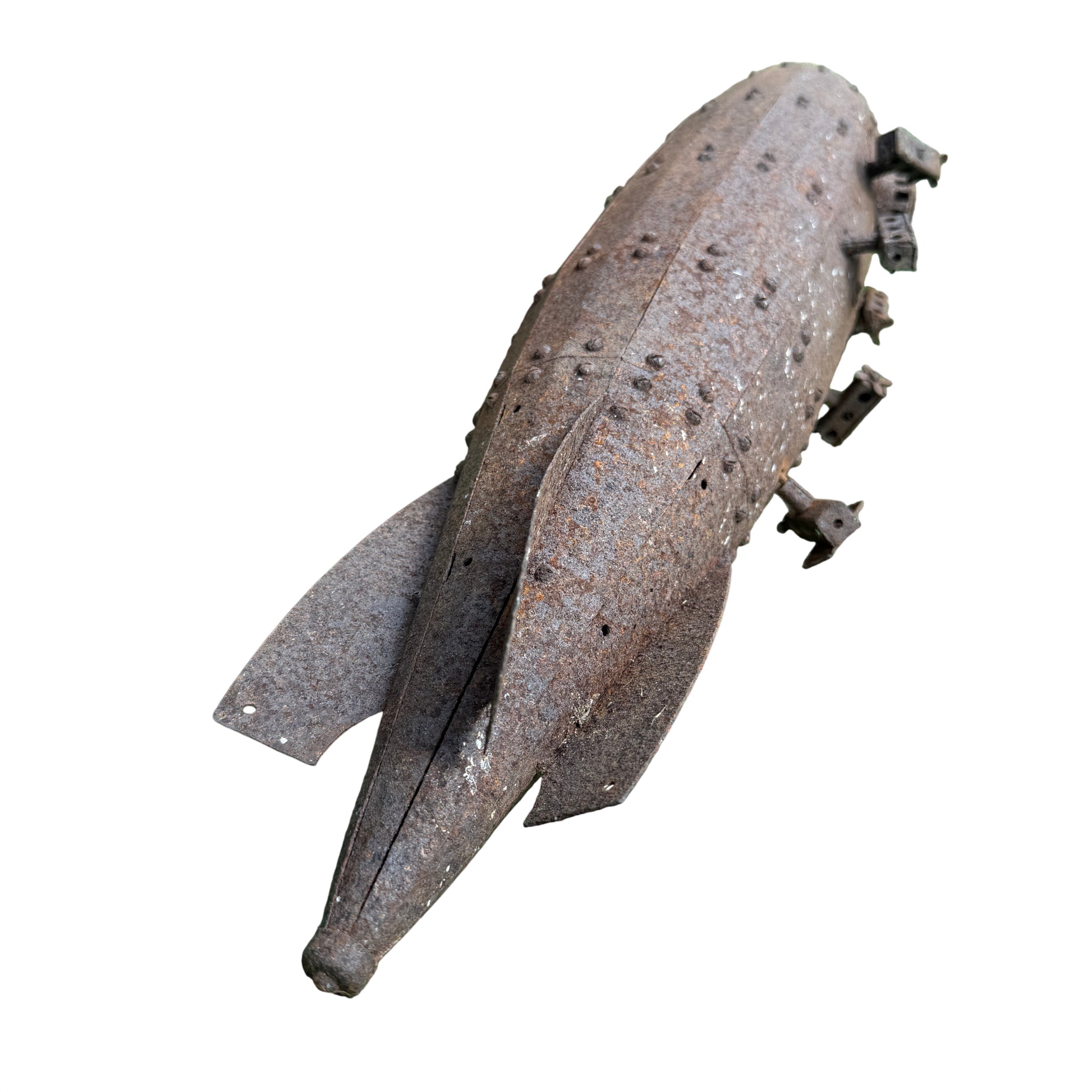 Close-up of rusted riveted hull and surface pitting on Metalcraft Zeppelin model