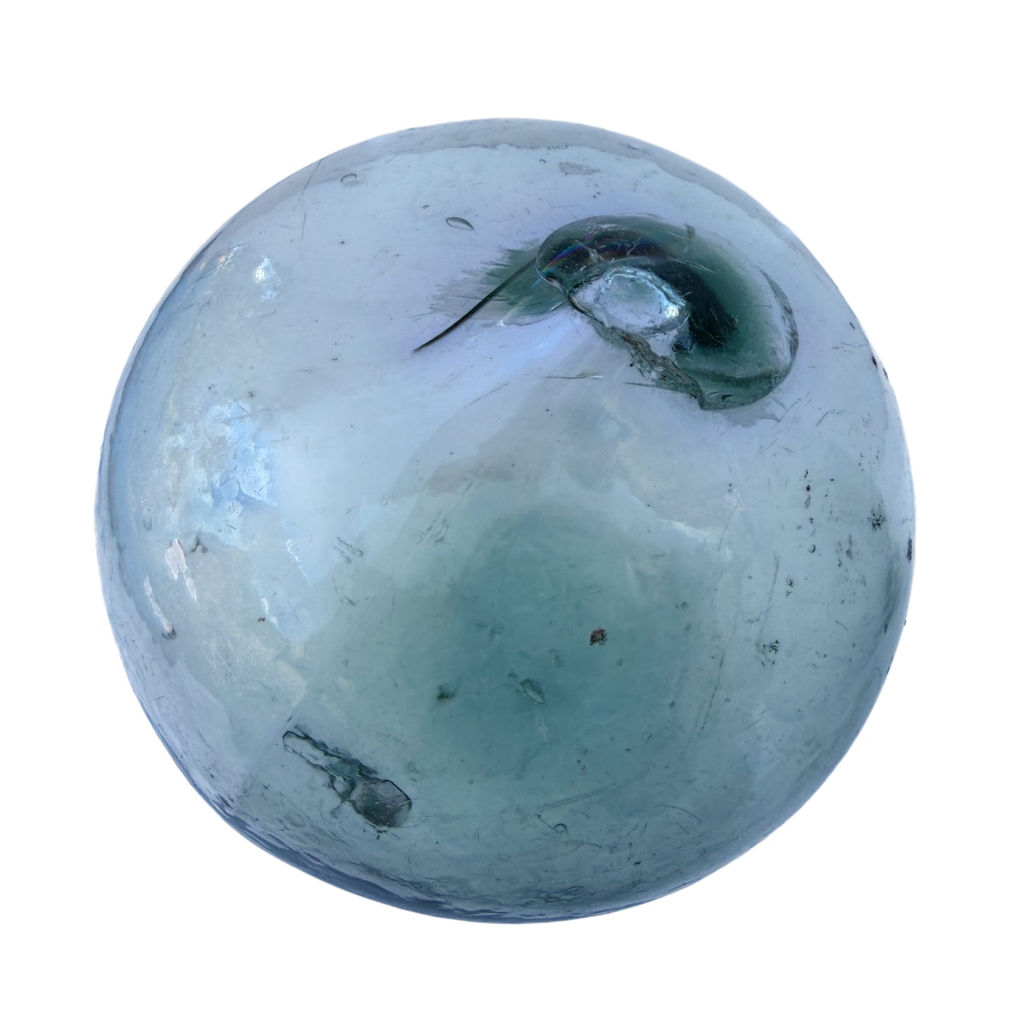 Pale aqua hand-blown glass float with small burst pontil scar and abrasions