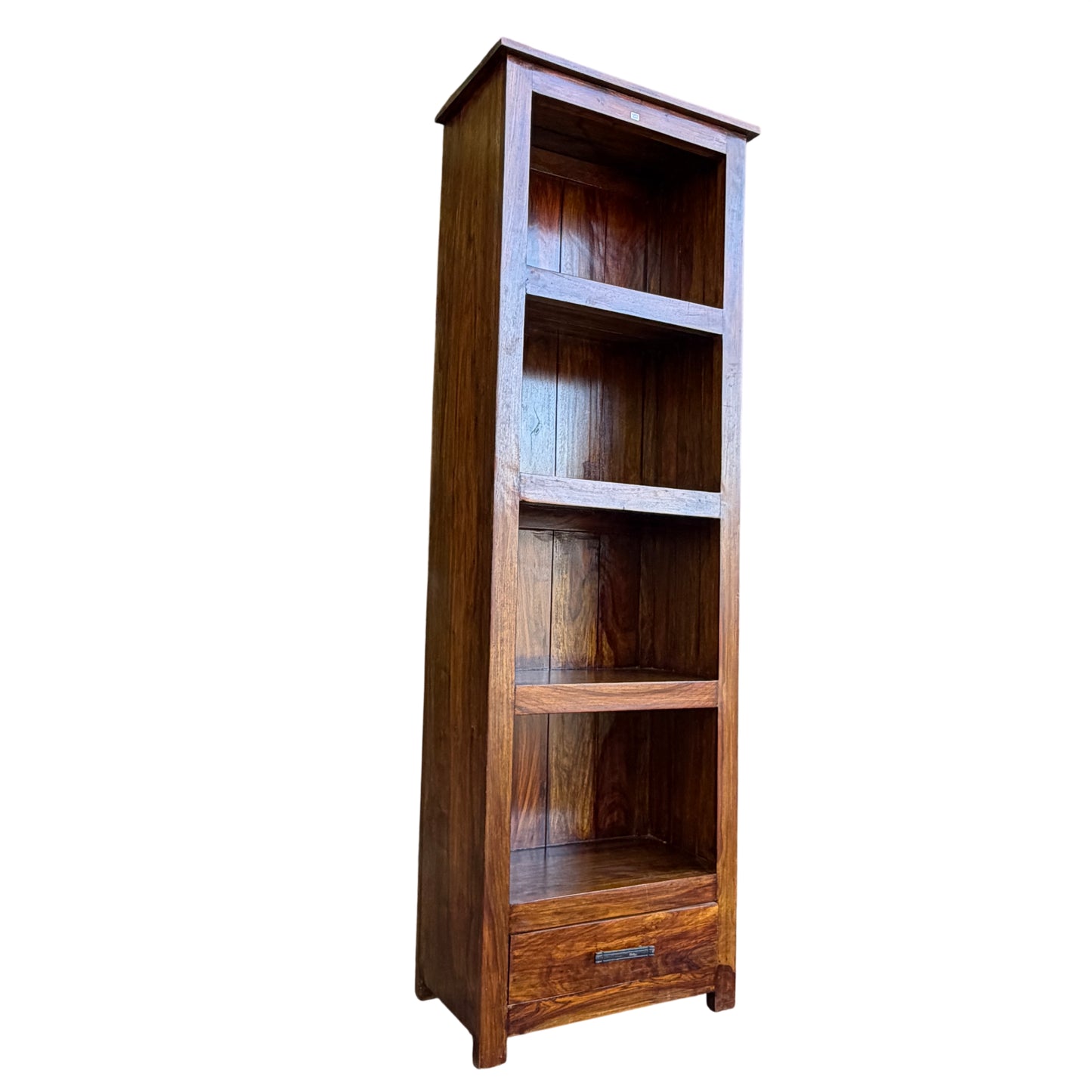 Tall narrow contemporary Asian hardwood bookcase with three open shelves and a base drawer