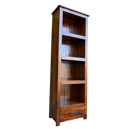 Tall narrow contemporary Asian hardwood bookcase with three open shelves and a base drawer