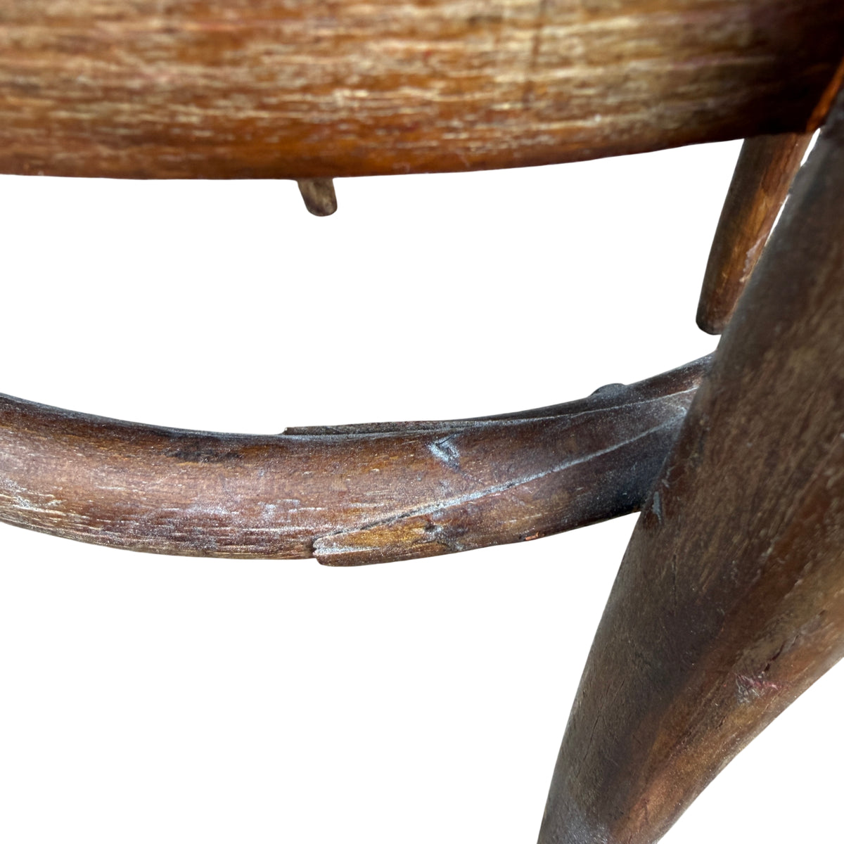 Lower front view showing legs and stretcher of a vintage bentwood chair