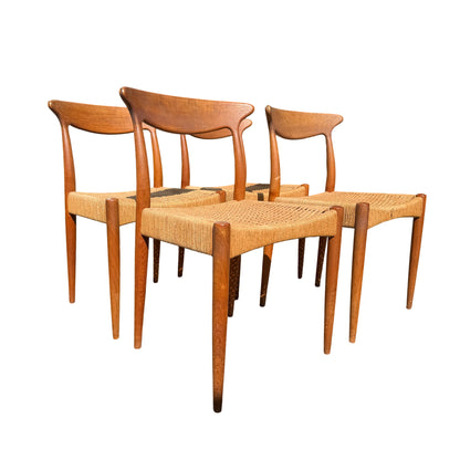 Set of 4 Danish dining chairs by Arne Hovmand Olsen with teak frames and woven paper cord seats