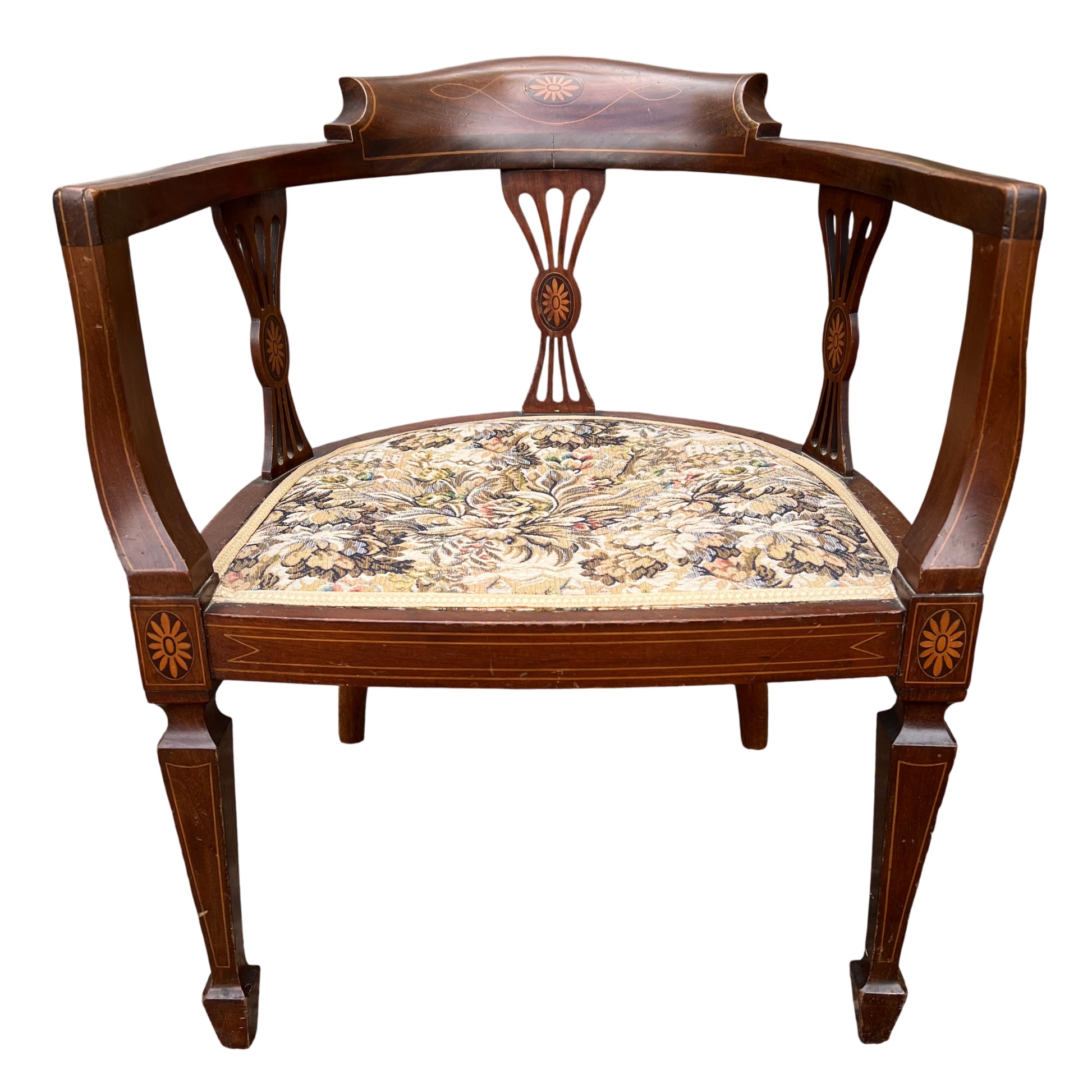 Inlaid mahogany armchair crest with rosette and string inlay detail