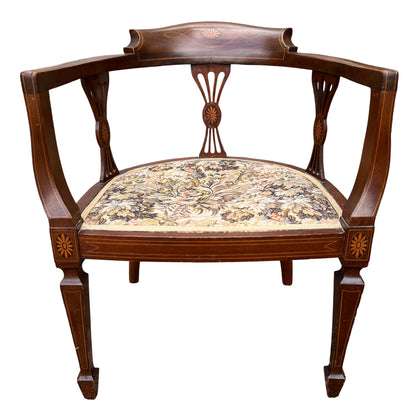 Inlaid mahogany armchair crest with rosette and string inlay detail