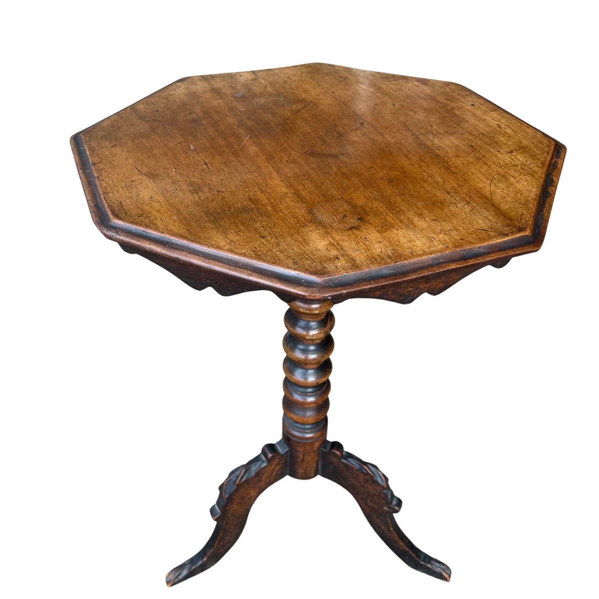 Victorian walnut turned pedestal tripod side table with octagonal top viewed from above