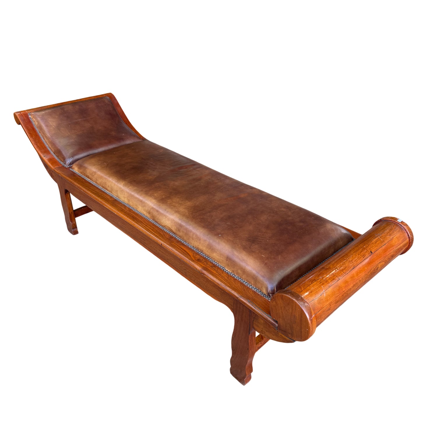 Regency French leather chaise longue with brown original leather and solid wood frame
