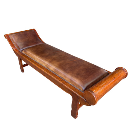 Regency French leather chaise longue with brown original leather and solid wood frame