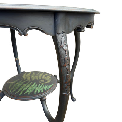Painted hall table with lower shelf, carved legs and distressed dark wax finish