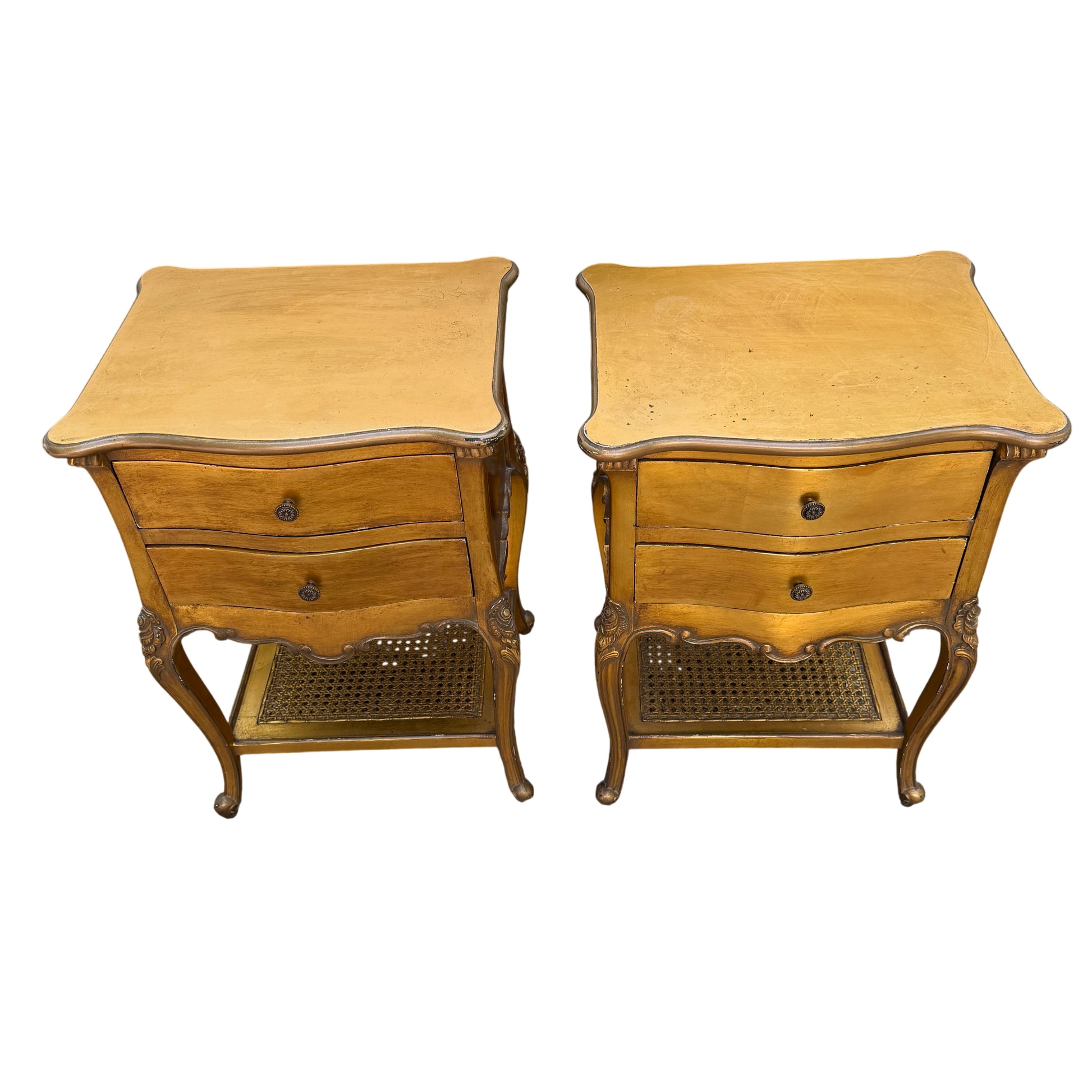 Pair of small French-style bedside cabinets on cabriole legs with carved aprons