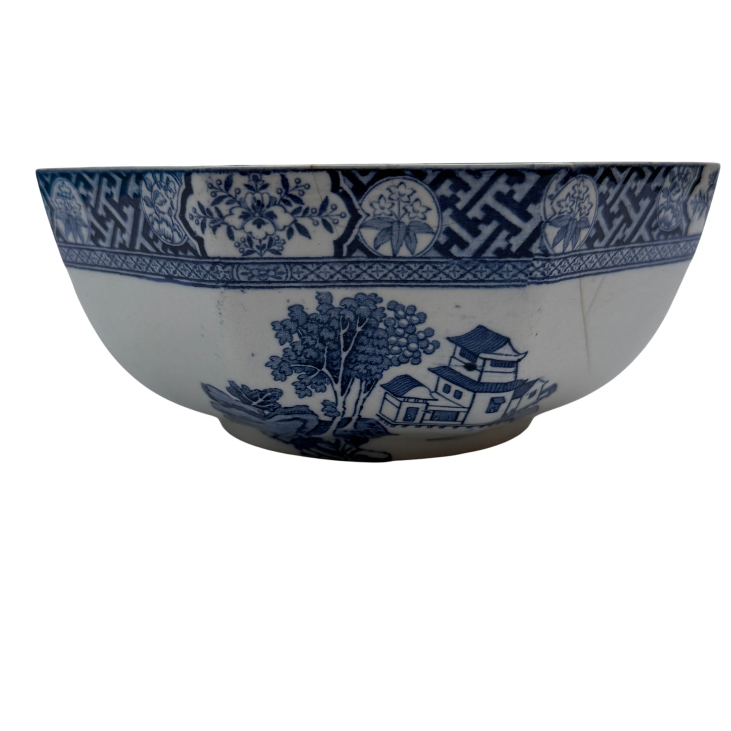 Interior view showing Oriental landscape transfer pattern in blue and white porcelain