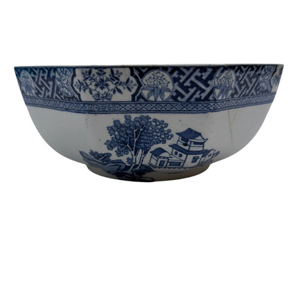 Interior view showing Oriental landscape transfer pattern in blue and white porcelain