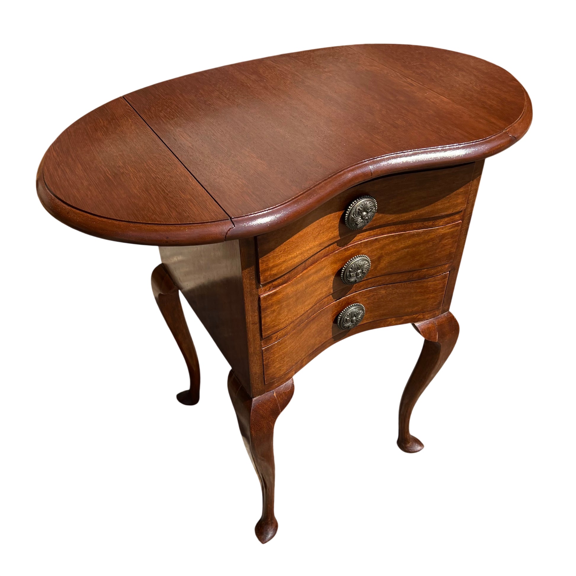 Queen Anne style vintage bedside cabinet with three drawers and walnut finish