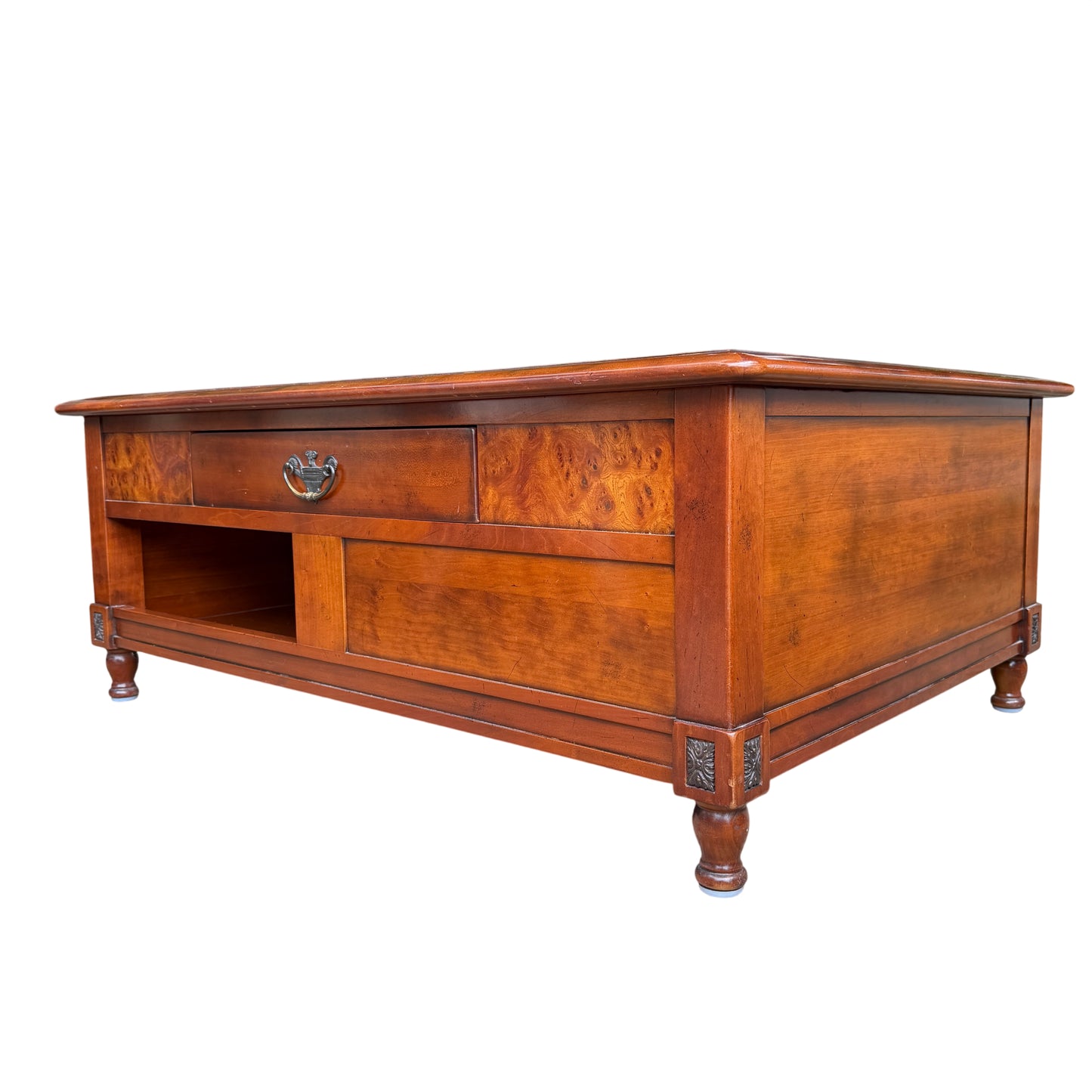 Vintage wooden coffee table with marble centre and burl veneer surround