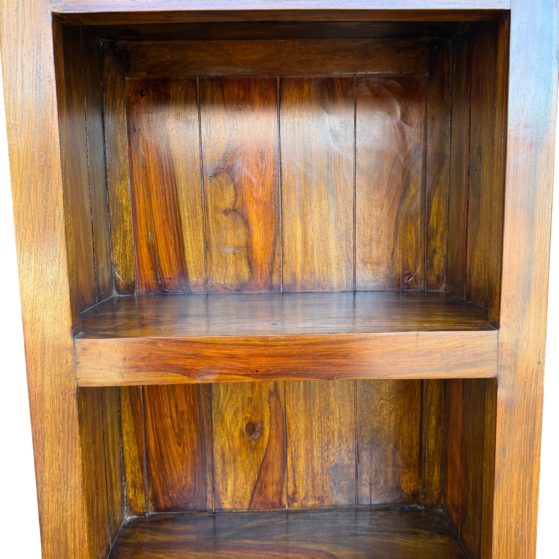Close-up of top shelf interior showing Asian hardwood panelled back and finish