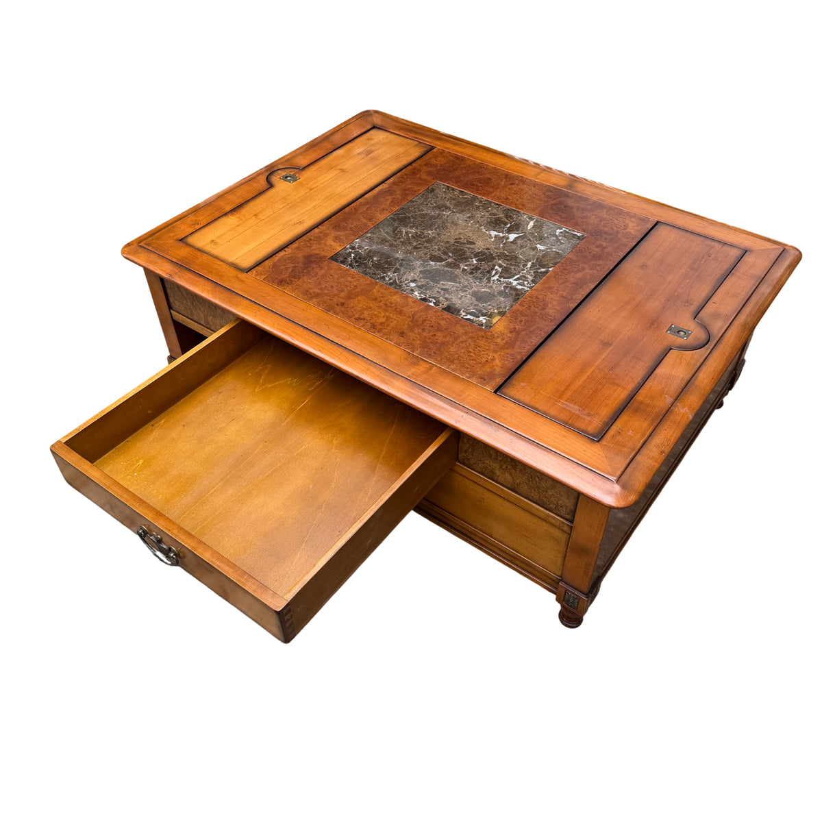 Front view showing large drawer and open storage compartments