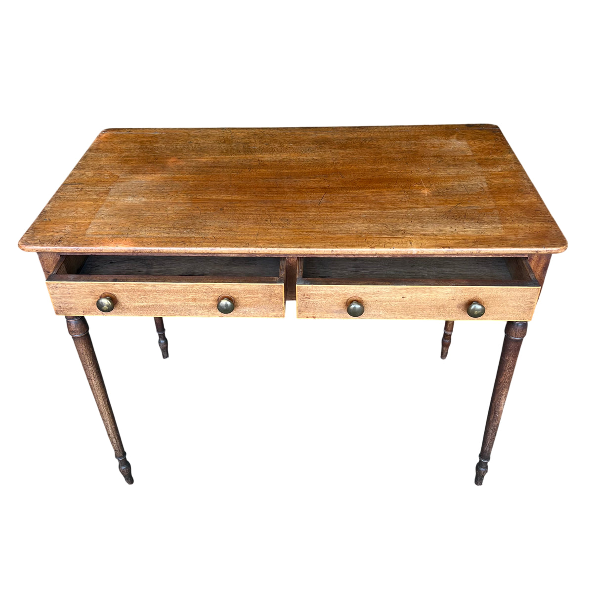 Top view of oak hall table showing surface scratches and patina