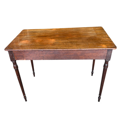 Antique oak side table with shallow drawers and original brass knob handles