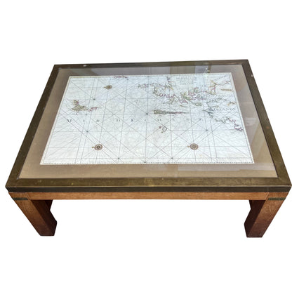 Vintage oak coffee table with brass rimmed glass top and inset nautical map