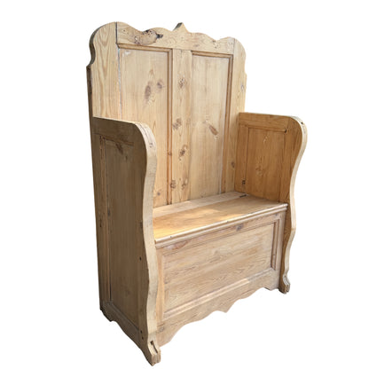 Reclaimed pine settle storage bench with high back and lift-up seat in natural pine finish