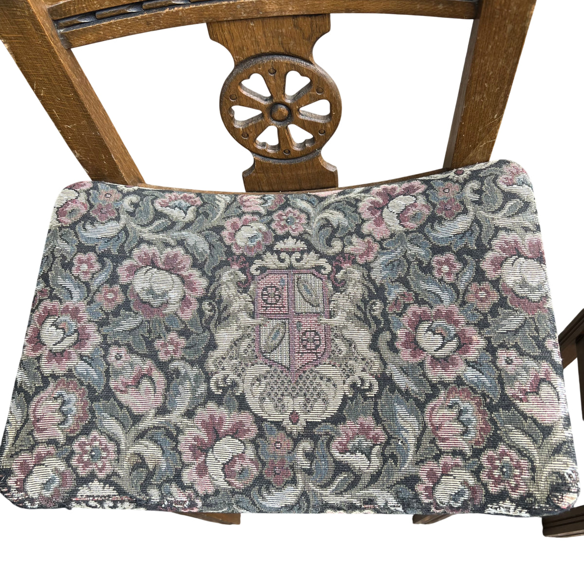 Wooden frame of Old Charm bar stool with visible surface scratches and wear