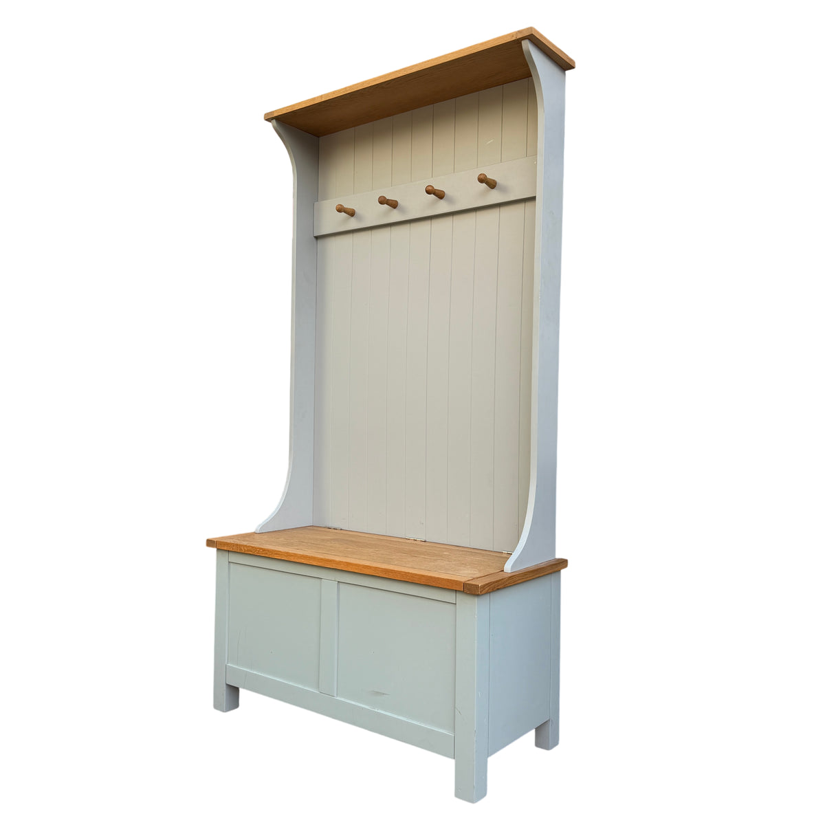 Contemporary painted hall bench with oak top, lift-up storage lid and four wooden coat pegs