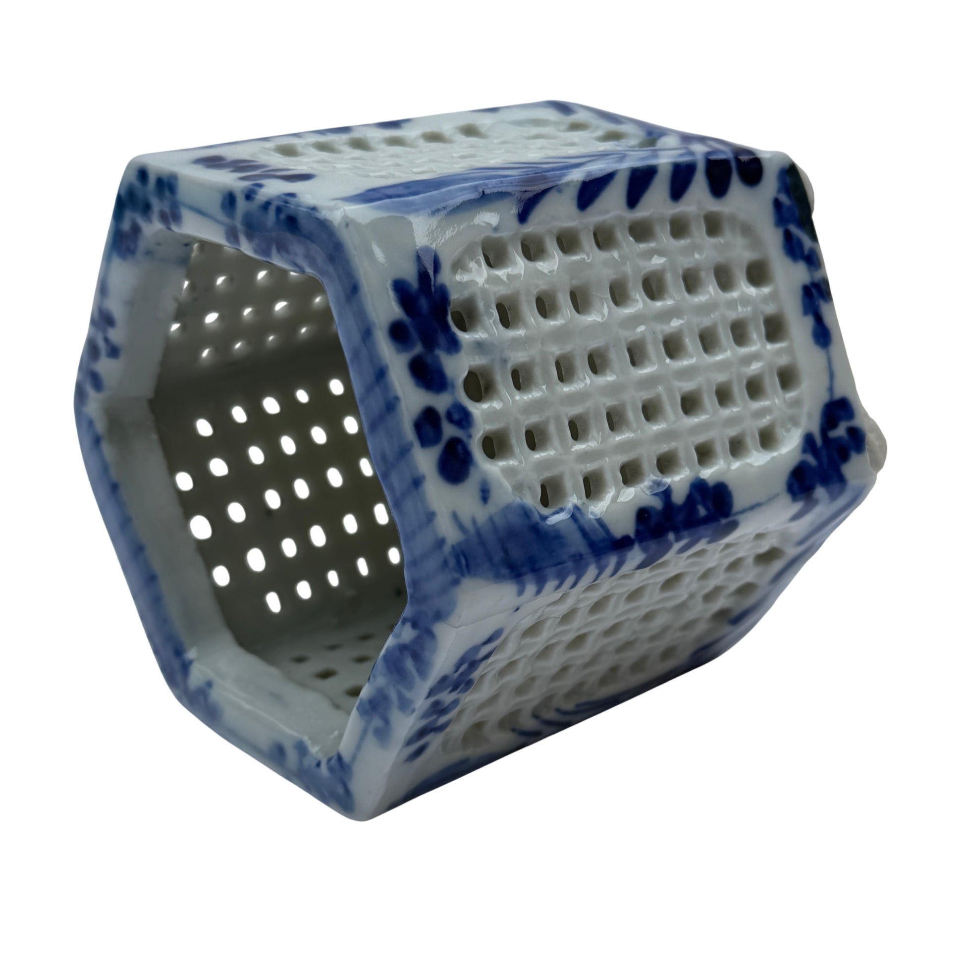 Interior view of small hexagonal porcelain planter with lattice sides
