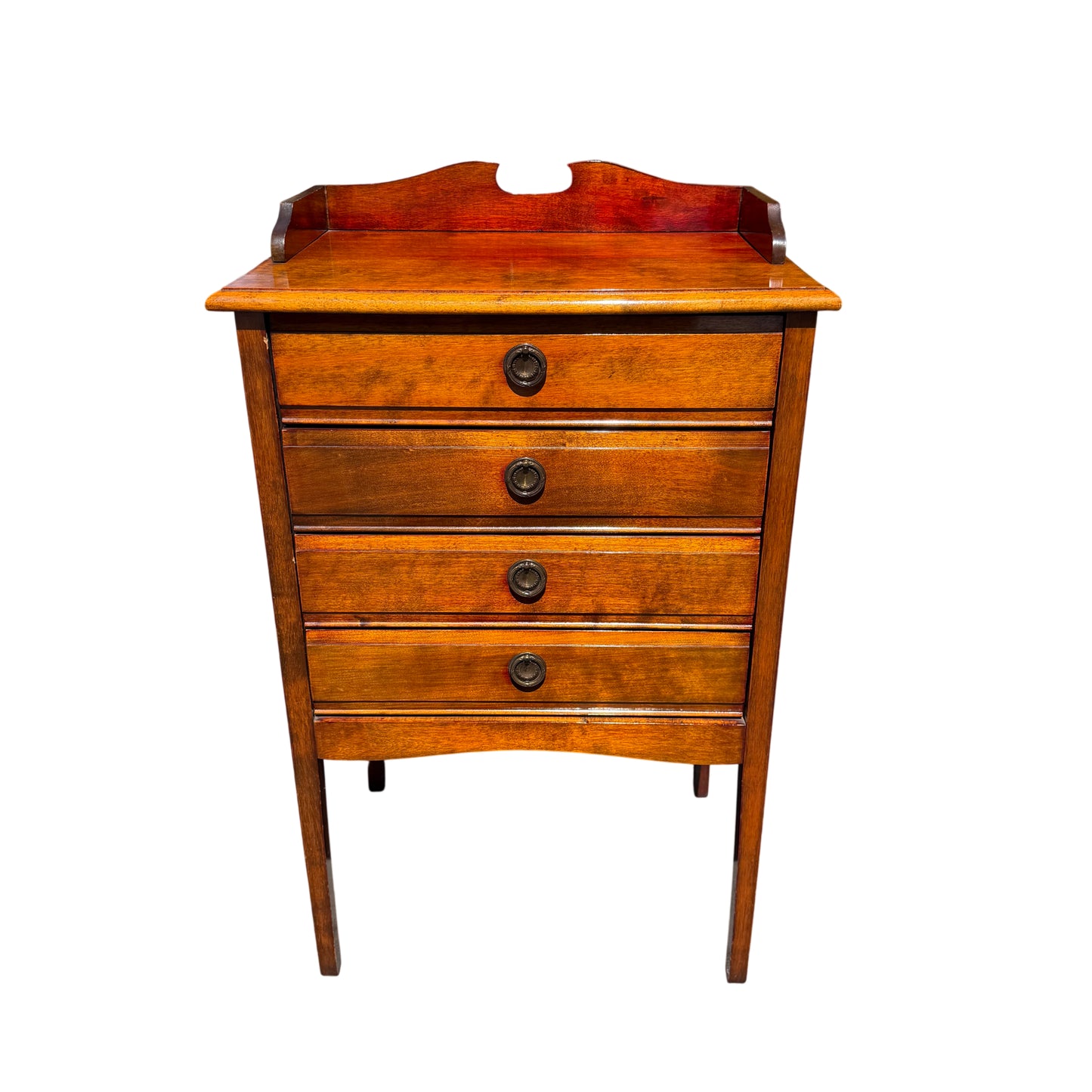 Side view of narrow chest of drawers on slender square legs showing scuffs