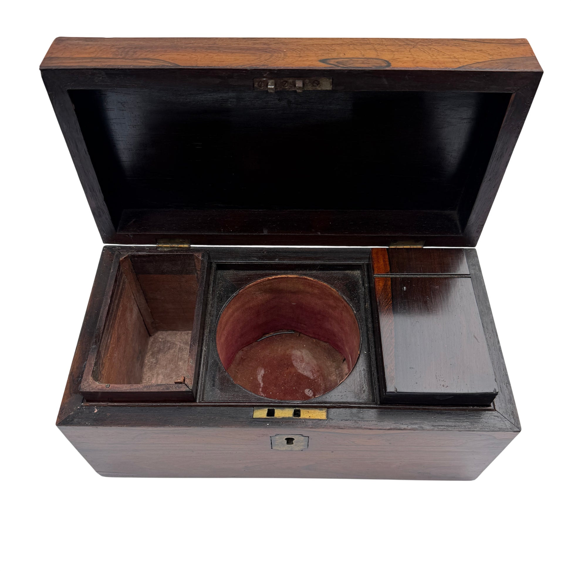 Antique rosewood tea caddy with original brass escutcheon and hinged lid