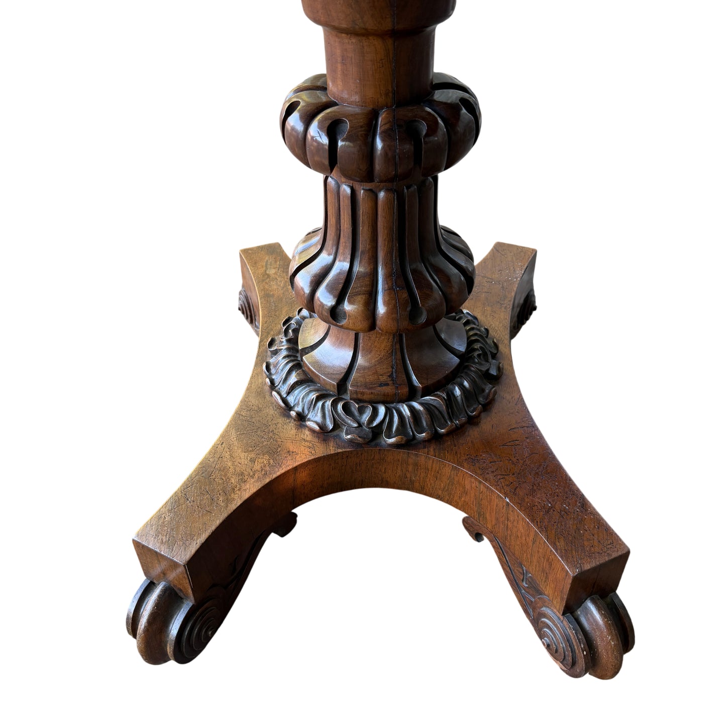 Carved turned pedestal base on Victorian rosewood hall table