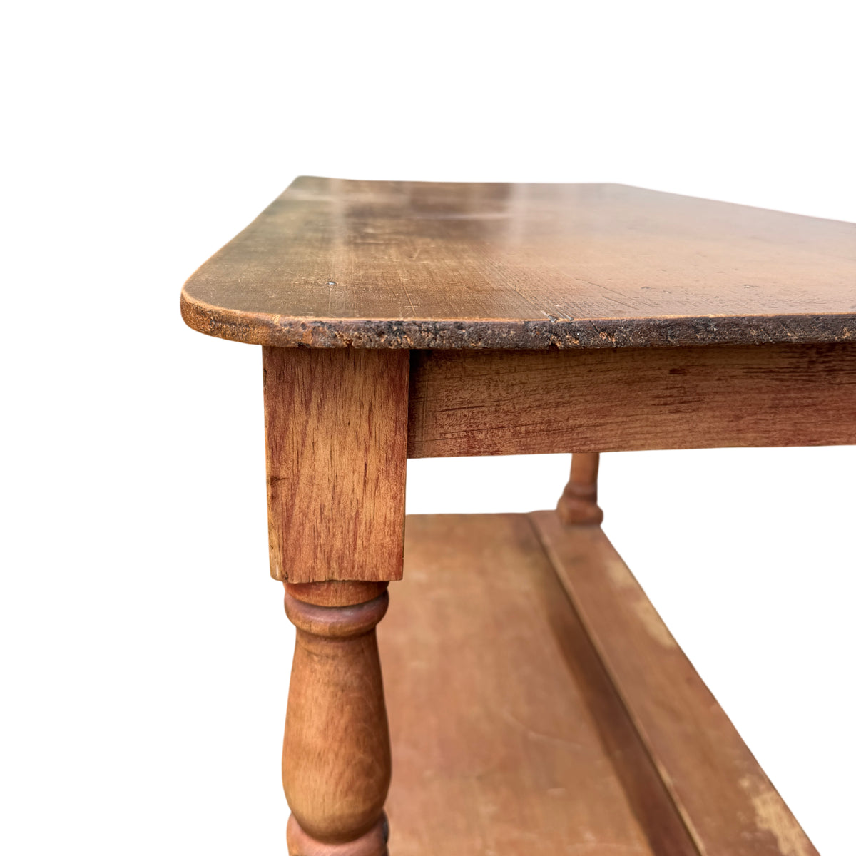 Side view of rustic pine hall table with turned supports