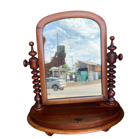 Victorian dressing table mirror with turned spindle supports and mahogany finish
