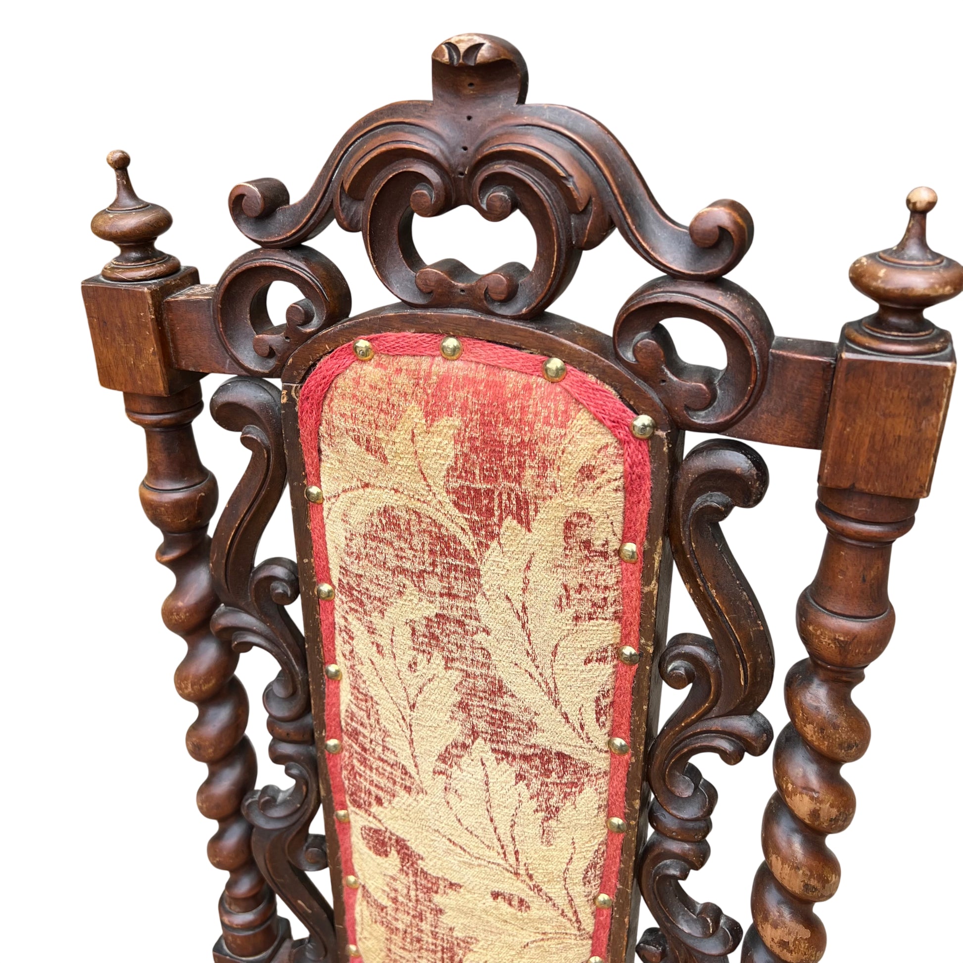 Detail of barley-twist turned upright and carved side splat on Victorian chair