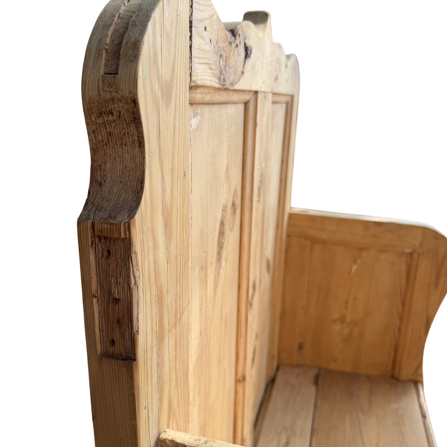 Lower front panel and scalloped base detail of pine storage bench