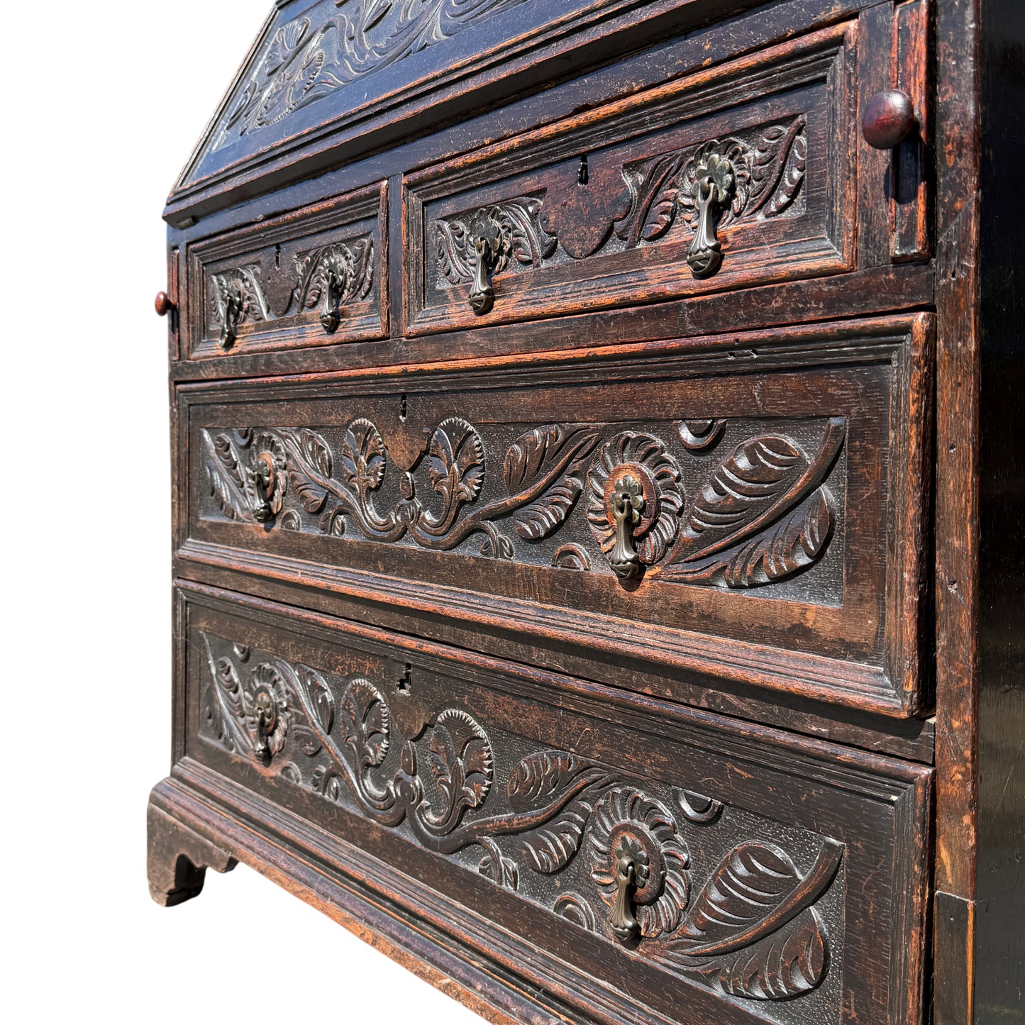 Side view showing dark oak finish and moulded cornice of bureau bookcase