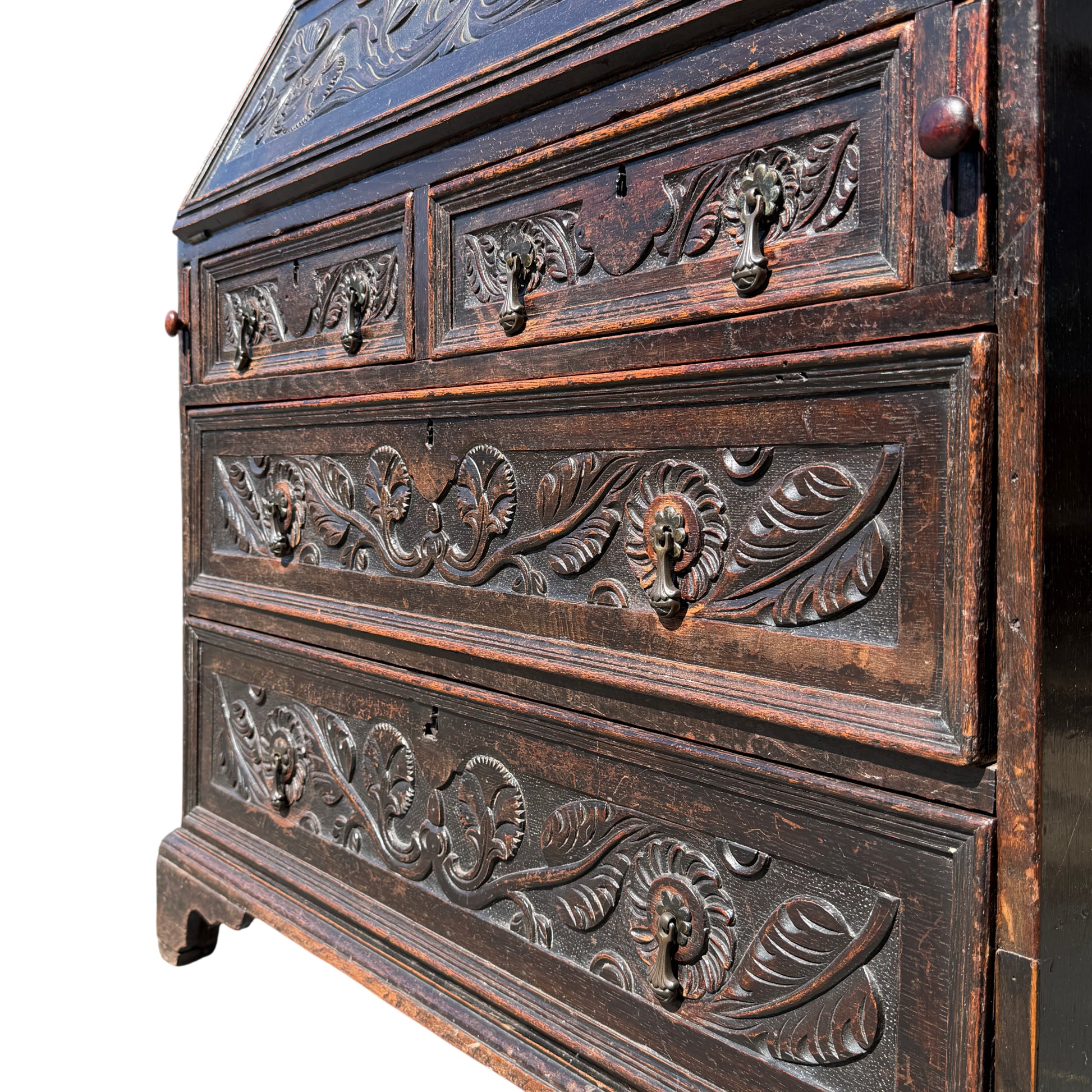 Side view showing dark oak finish and moulded cornice of bureau bookcase