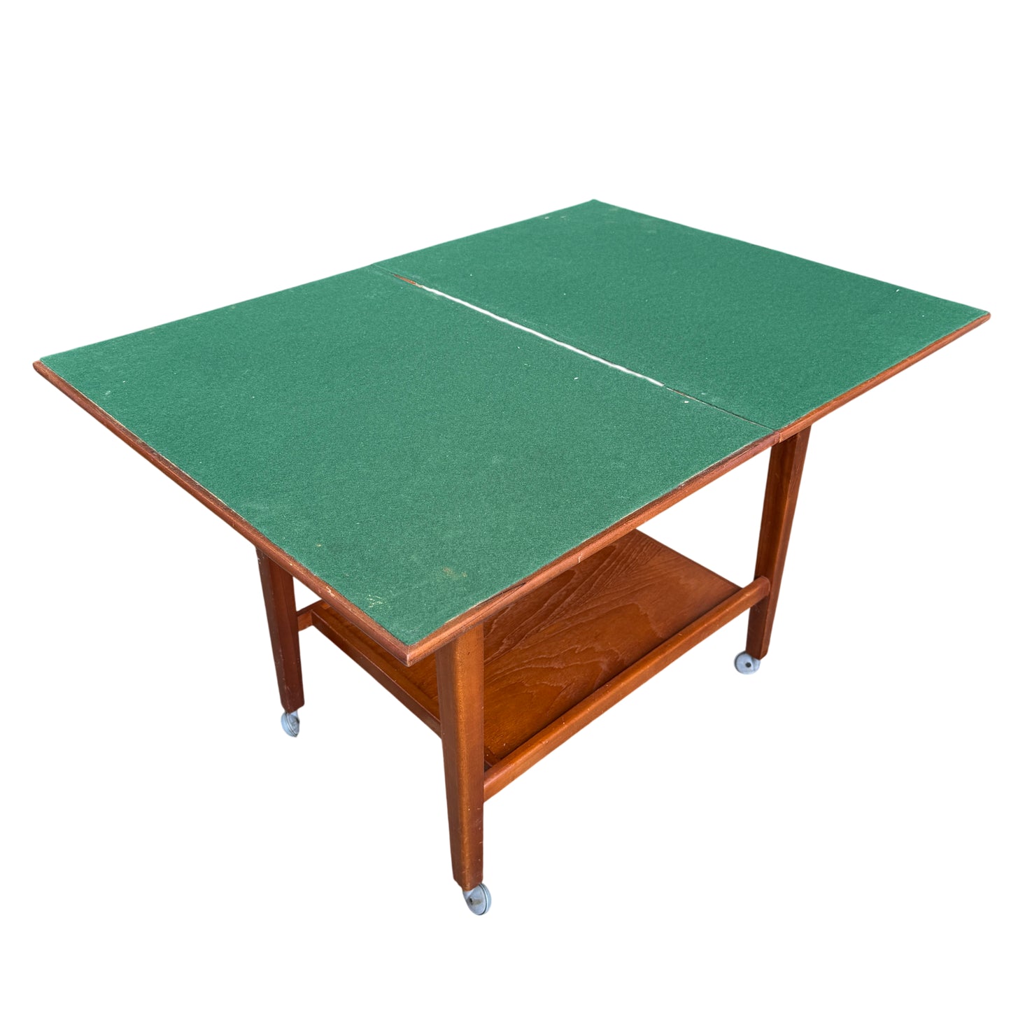 Mid century wooden side table with two-tier shelving and castor wheels