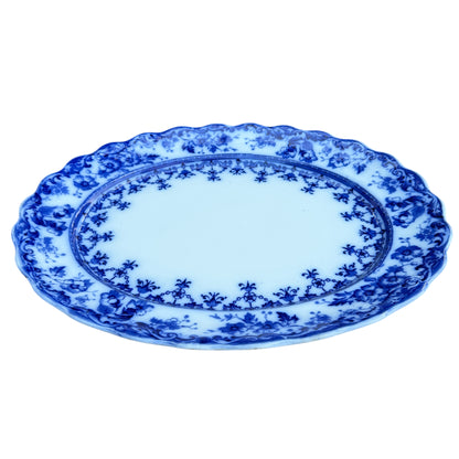 Blue and white Staffordshire transferware serving platter in Warwick pattern with scalloped rim