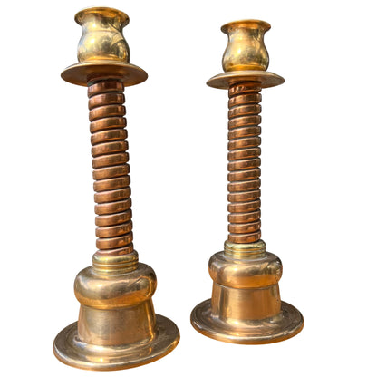 Side view of a brass spiral column candlestick showing height and profile