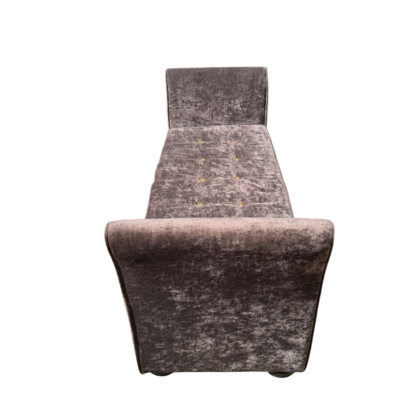 Full-length view of grey velvet chaise with visible turned wooden foot