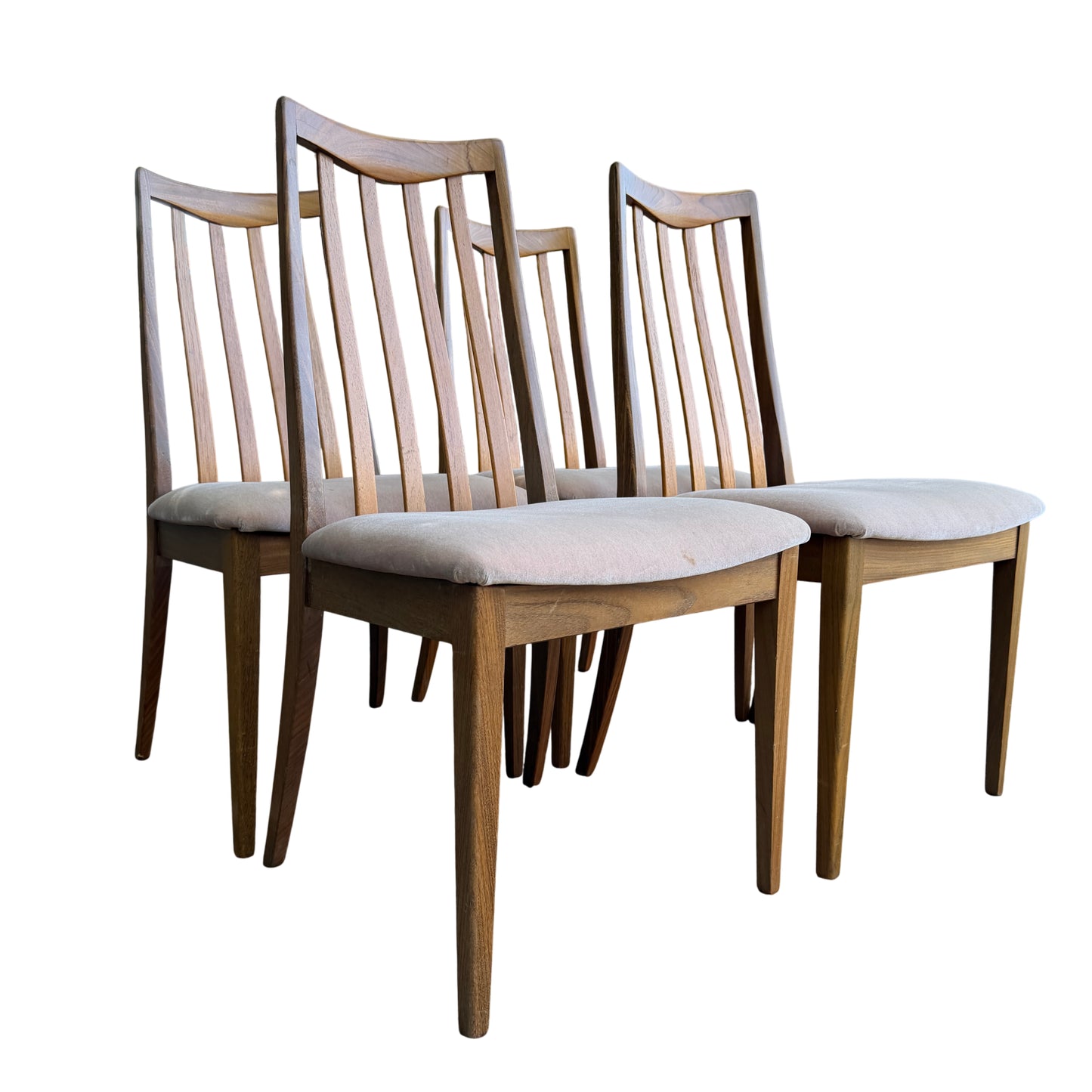 Set of four G-Plan 1970s mid century dining chairs with slatted backs and upholstered seats