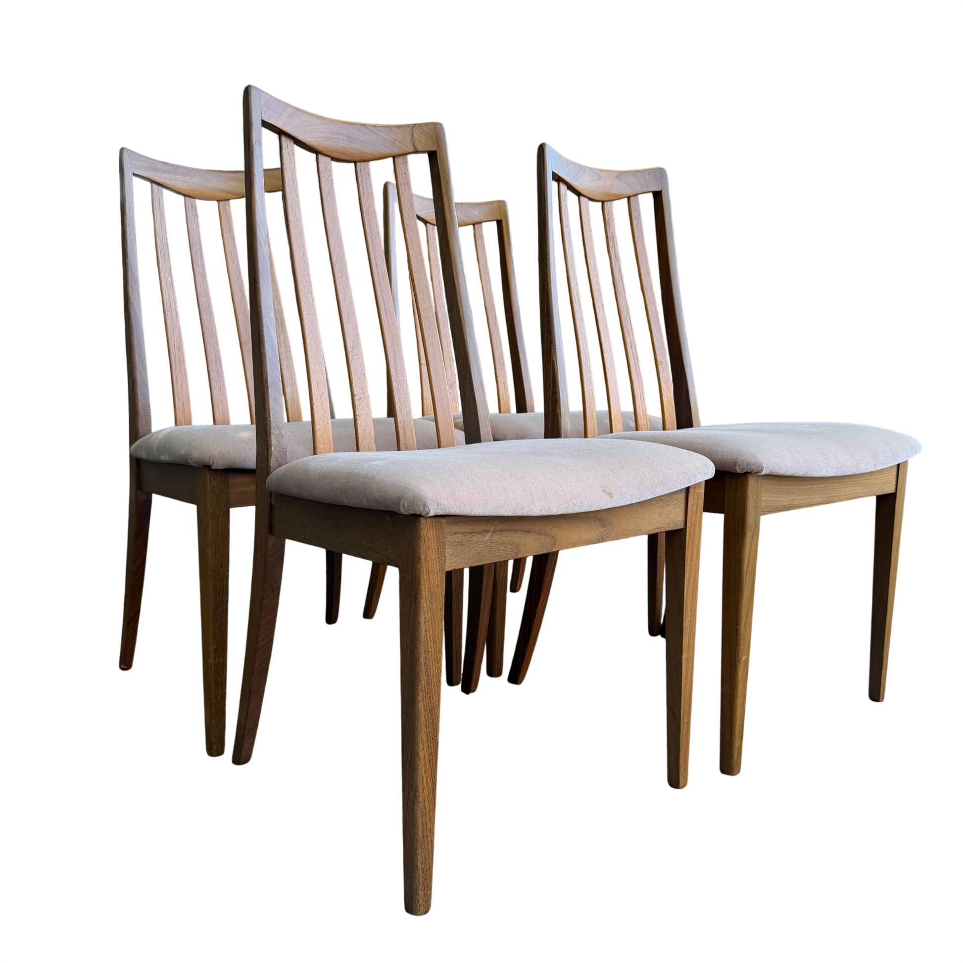 Set of four G-Plan 1970s mid century dining chairs with slatted backs and upholstered seats