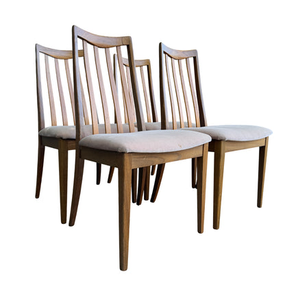 Set of four G-Plan 1970s mid century dining chairs with slatted backs and upholstered seats