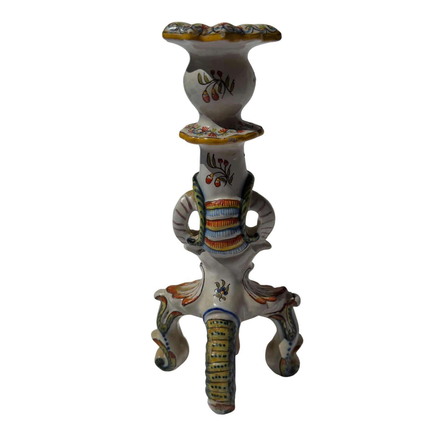 Detail of moulded rim and painted border on Rouen-style ceramic candlestick